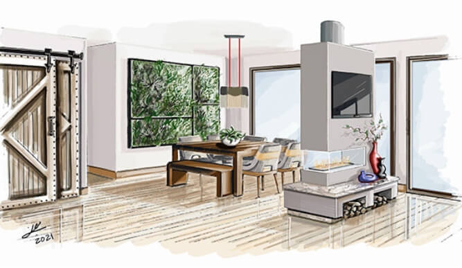 A student designed a dining and living space with their signature and the year 2021 in the corner.