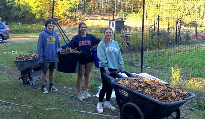 Fairfield students with wheelbarrows of raked leaves during an immersion trip focused on eco-sustainable living.