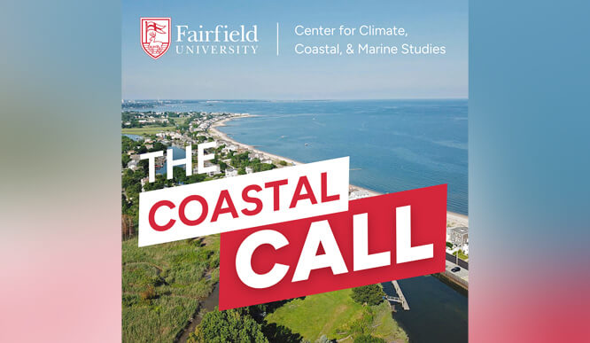 A coastal aerial view with houses lining a sandy beach and a calm sea. Bold red text reads "The Coastal Call," conveying a vibrant, inviting tone.
