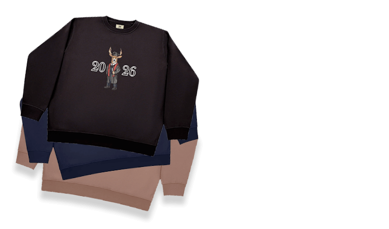 Three sweatshirts in navy, salmon, and black, each featuring a deer in a suit with '2026' beside it, conveying a trendy and whimsical feel.