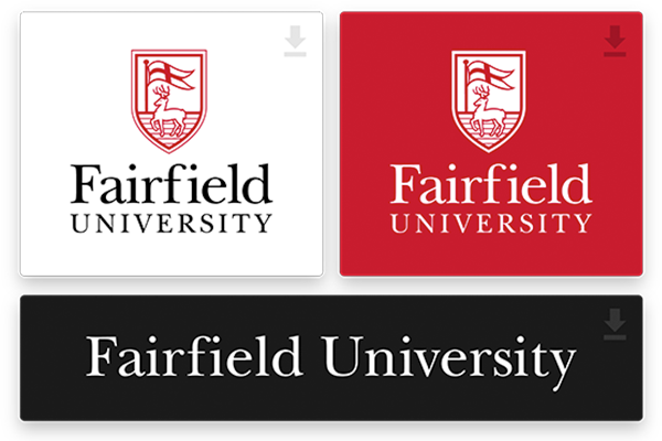 Fairfield University logos on white, red and black backgrounds.