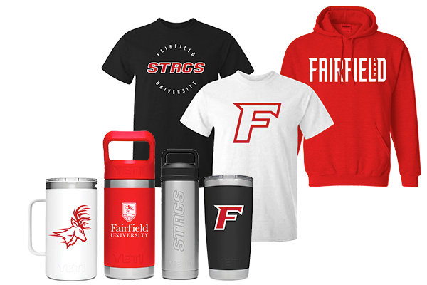 Clothing and drinkware with Fairfield University branding.