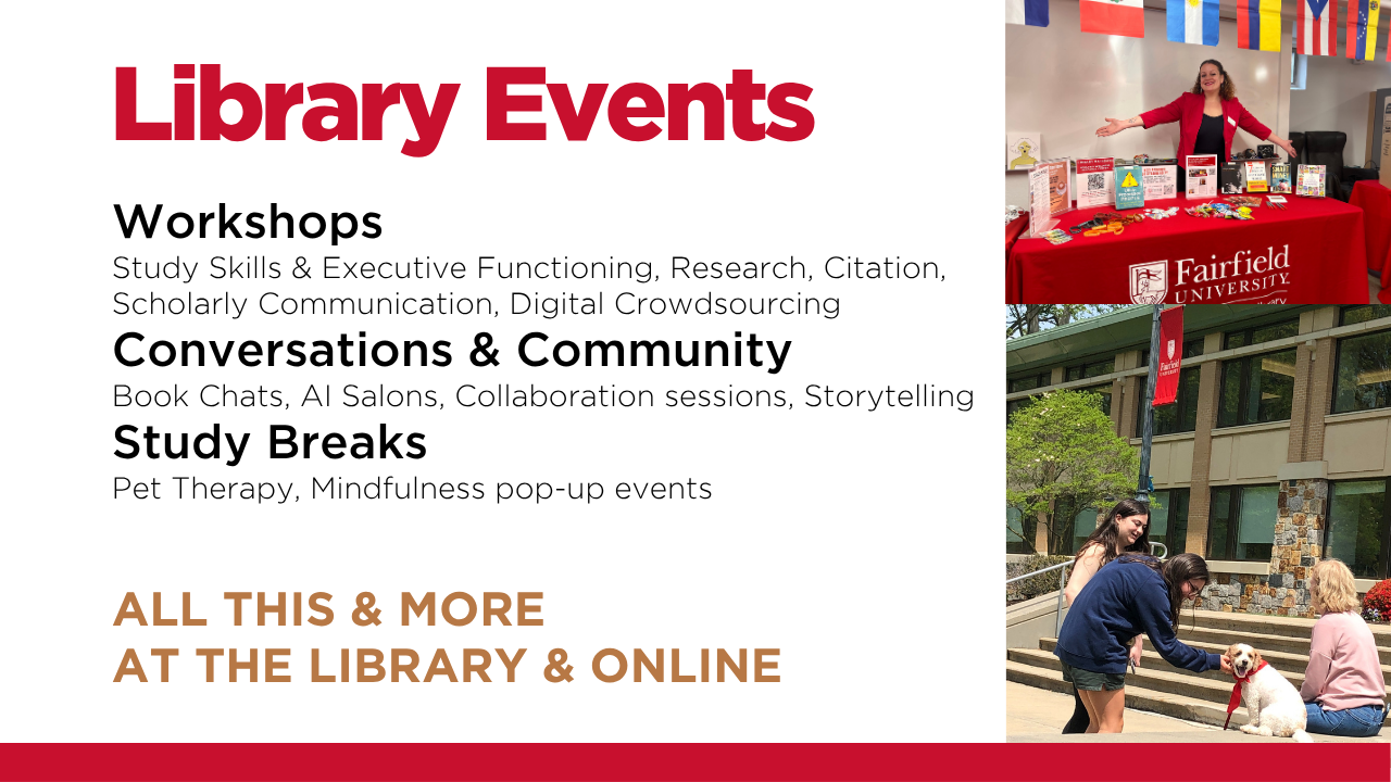 learn more about library events including workshops, book chats, and pet therapy