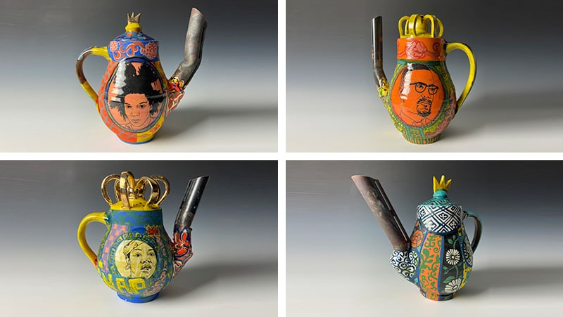 Roberto Lugo, Gun Teapot: Ida B. Wells and Jean-Michel Basquiat, 2021;Gun Teapot: Zora Neale Hurston and Malcolm X, 2021; Gun Teapot: Maya Angelou, 2021;Gun Teapot: Mae Jemison (back view), 2021, glazed ceramic, steel, epoxy, enamel.Photography by Dominic Episcopo, courtesy of the artist and Wexler Gallery.