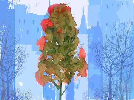 Artwork of a colorful tree in a blue city scape. 