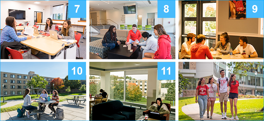 A collage of five images showing open space areas at Fairfield University