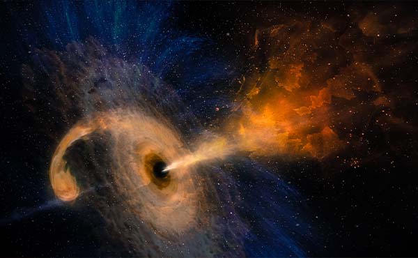 An enhanced image of a black hole with nebula over stars and cloud fields in outer space.