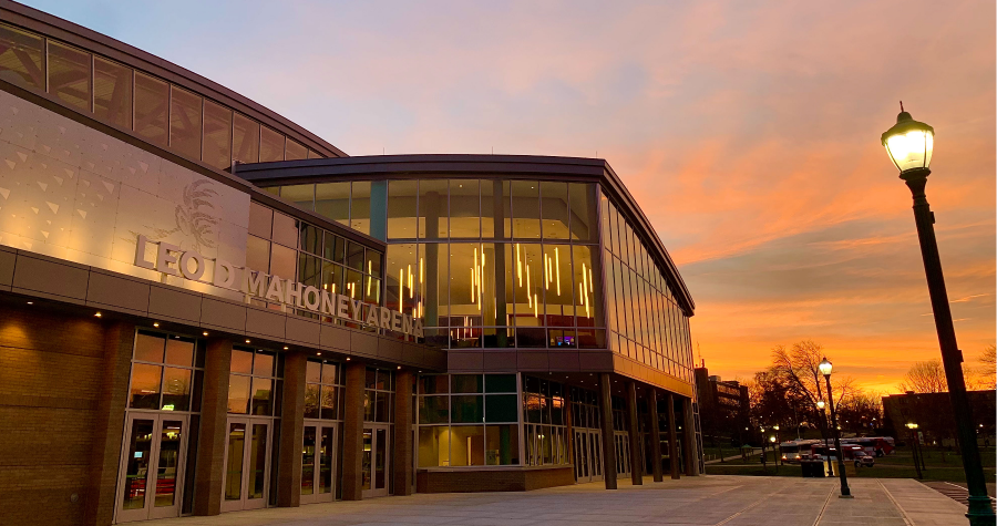 The sun sets on the $51 million Mahoney Arena, entirely funded by donations from Fairfield alumni, family, and friends.