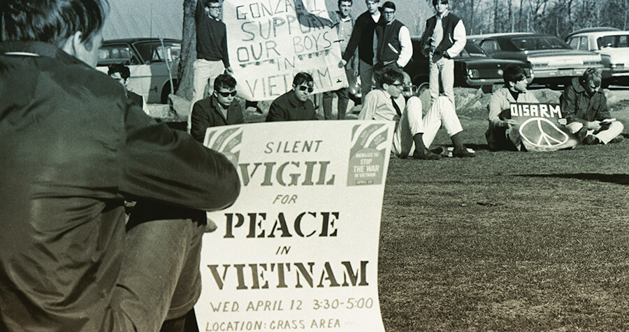 More than 50 students held a silent peace vigil on the lawn outside Gonzaga Hall on April 12, 1967.