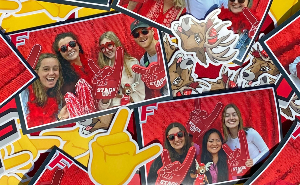 Outside of the Barone campus center, students celebrated first Fairfield Friday on Sept. 9, 2022, posing with Fairfield-branded props and stickers in a photo booth equipped with printing and digital sharing capabilities.