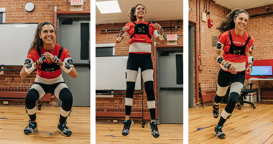 Graduate assistant Laia Vancells-Lopez completes a series of jumps and exercises to activate muscle patterns in her lower legs.