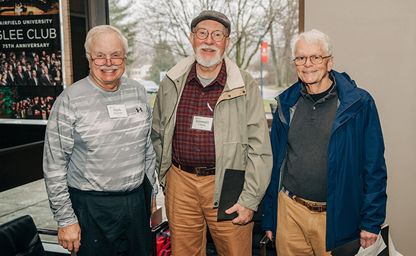 Mark Warren ’70, Emmett Casey ’70, and Jack Hunt ’66 represent the early years of the all-male Glee Club.