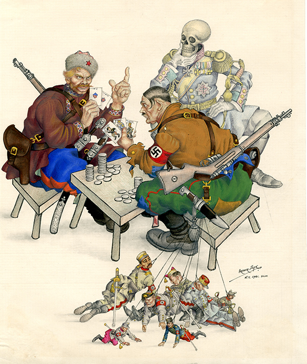 Arthur Szyk, The Silent Partner. “In this game, Adolph [sic], two aces is more than three kings,” 1941, watercolor, gouache, ink, and pencil on paper. Courtesy of Taube Family Arthur Szyk Collection, The Magnes Collection of Jewish Art and Life, University of California, Berkeley.