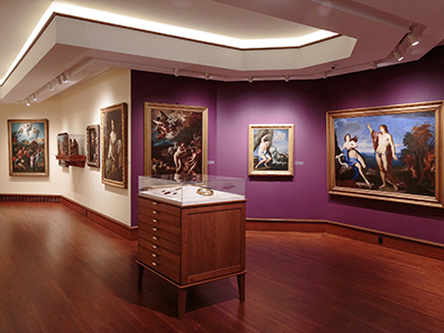Bellarmine Hall Galleries Entrance depicting art on walls and in cases
