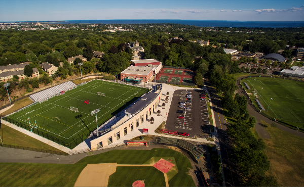 Aerial view of Fairfield University campus showing baseball field