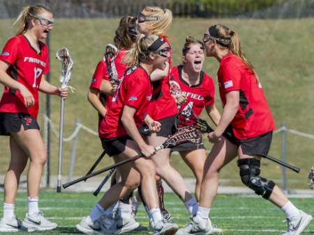 The Stags celebrate their MAAC win at Marist on April 6