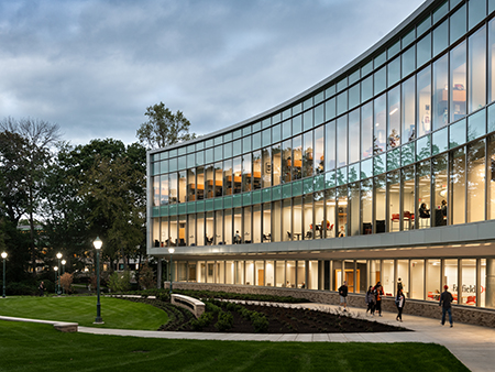 Beauty shot of the exterior of the new Fairfield University Charles F. Dolan School of Business building
