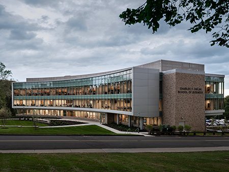 Beauty drone shot of the exterior of the Charles F Dolan School of Business