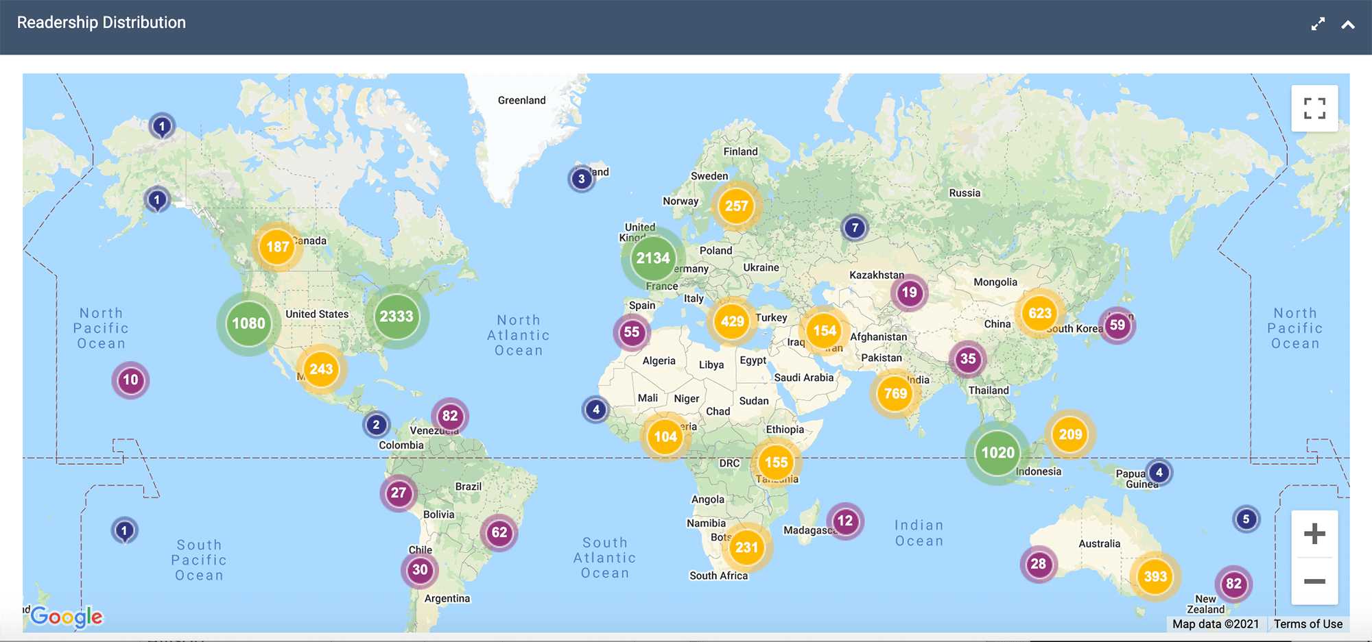 Fairfield Dolan readership distribution across the world graphic / dashboard screenshot