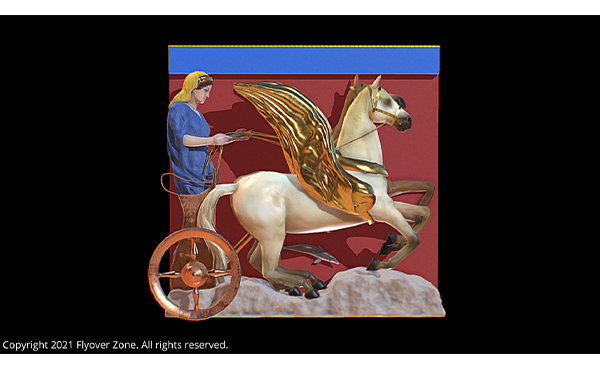 VR image of reconstruction drawing for Parthenon East Metope 7, showing Hera driving a chariot with winged horses.