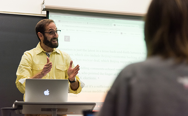Aaron Weinstein, PhD, pre-law advising program director and assistant professor of politics, in the classroom.