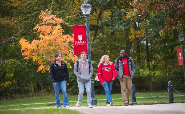 Image of students walking on Fairfield University campus