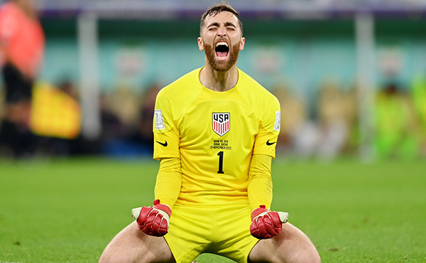 Matt Turner of United States celebrates after their first goal by Christian Pulisic during the FIFA World Cup Qatar 2022 Group B match between IR Iran and USA at Al Thumama Stadium on November 29, 2022 in Doha, Qatar. (Photo by Dan Mullan/Getty Images)