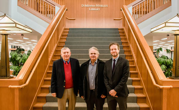 George Diffley, Special Assistant to the President; Joseph DiMenna '80, Managing Director of Zweig-DiMenna Associates; and Curtis Ferree, Associate Dean for Public Services and Coordinator of the Academic Commons Partnership