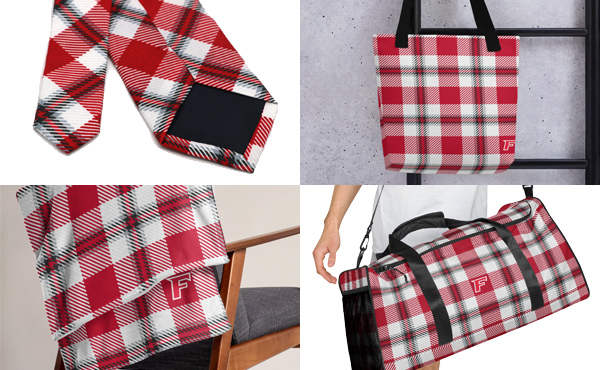 Timeless Tartans' neck tie, tote bag, throw blanket, and duffel bag.