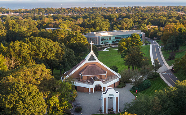 aerial view of Egan Chapel and the town surrounding campus