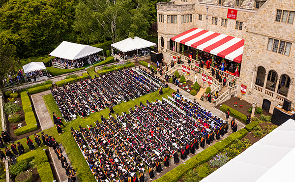 Aerial view of the Class of 2023 at 73rd Commencement in the back of Bellarmine Hall.