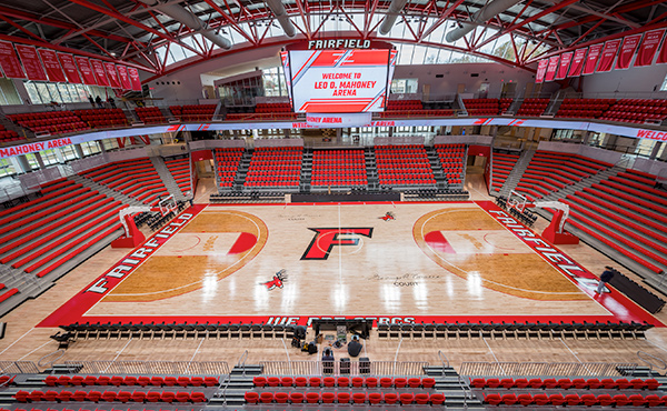 Interior view of the Mahoney Arena with basketball court shown.