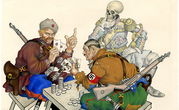 Arthur Szyk 1894-1951, Poland, France, UK, Canada, and the United States. The Silent Partner In this game, Adolph, two aces is more than three kings. New York, 1941 Watercolor, gouache, ink, and pencil on paper Taube Family Arthur Szyk Collection, The Magnes Collection of Jewish Art and Life, UC Berkeley, 2017.5.1.69.