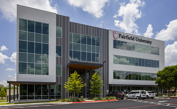 External view of the Fairfield University Austin, Texas campus building during the day.