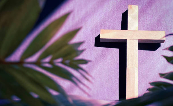 Easter palm fronds and a wooden cross against a light purple background. 