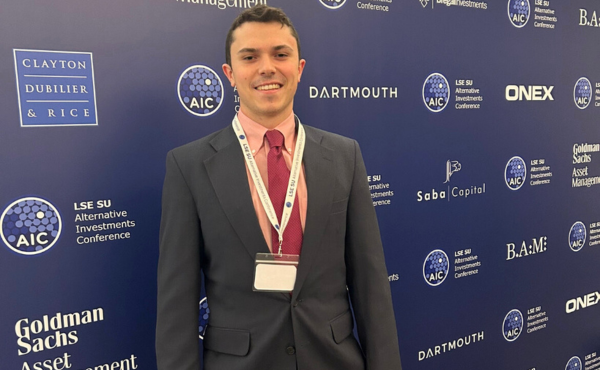 Dean Tobin ’24, poses at Alternative Investment Conference at the London School of Economics
