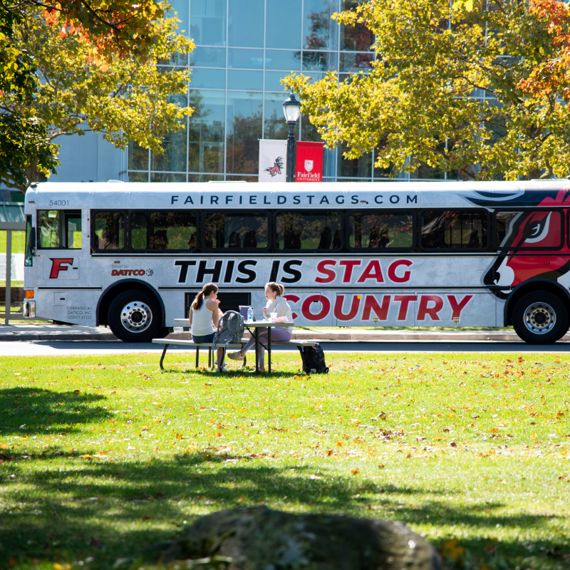 The Stag Bus stopped at the pick up location outside the BCC.
