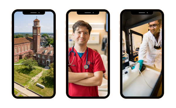 Three smartphones with photos of Bellarmine campus, male Egan School of Nursing student, and male Engineering and Computing professor. 