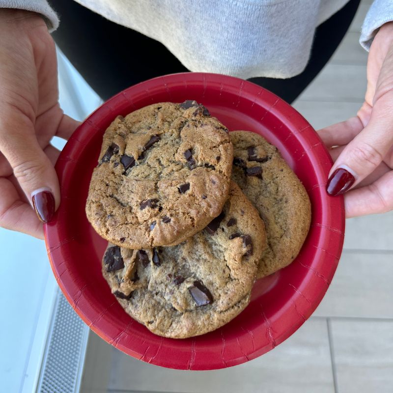 Hands holding a plate of chocolate chip cookies 