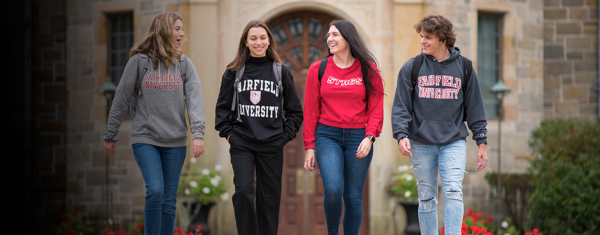 Fairfield Students walking around Fairfield University campus.